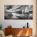 Sailboat Reflection, Tranquil River, Nautical Scene, Black White, Framed Canvas Print, Coastal Decor, Beach House Wall Art, Ocean Minimalism