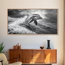 Leaping Dolphin, Ocean Life, Marine Animal, Waves Splashing, Framed Canvas Print, Coastal Kids Room Art, Beach House Decor
