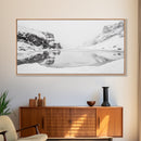 Snowy Cliff Reflection, Winter River Scene, Black and White Nature, Framed Canvas Print, Minimalist Wall Art, Neutral Winter Decor