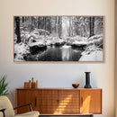 Winter Forest Creek, Snow Covered Trees, Black and White Tranquil Art, Canvas Print, Holiday Wall Art, Nature Lover Gift, Cozy Vibe
