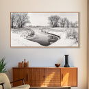 Frozen Stream Scene, Bare Trees Landscape, Black and White Nature Decor, Canvas Print, Winter Wall Art, Neutral Bedroom Accent