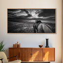 Horseback Beach, Sunset Ride, Equestrian Art, Moody Horizon Scene, Canvas Print, Cowboy Country Decor, Rustic Living Room Wall Art