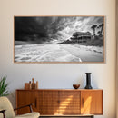 Stormy Beach House, Coastal Decor, Monochrome Photography, Beachfront Scene, Canvas Print, Moody Ocean Wall Art, Bedroom Coastal Wall Decor