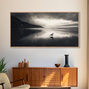 Seagull, Stormy Beach, Reflective Shore, Moody Sky, Framed Canvas Print, coastal bedroom decor, peaceful nature art, minimalist seascape