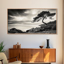 Coastal Tree, Windswept Cliff, Serene Horizon, Nature Escape, Framed Canvas Print, minimalist wall art, bedroom decor, zen nature print