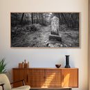 Forest Trail, Stone Marker, Ancient Symbol, Misty Pathway, Framed Canvas Print, cabin decor, woodland art, Autumn wall print, rustic charm