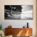 Pine Trees, Sandy Beach, Coastal Serenity, Driftwood Shore, Framed Canvas Print, neutral wall art, coastal rustic style, entryway landscape