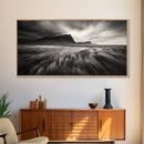 Grassy Plains, Stormy Sky, Dramatic Mountain, Monochrome Field, Canvas Print, Modern Minimalist Art, Office Wall Decor, Moody Wall Art