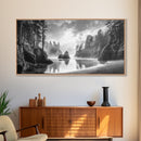 Forest Coast, Secluded Beach, Ocean Rocks, Misty Trees, Framed Canvas Print, Nature Wall Art, Living Room Decor, Moody Landscape