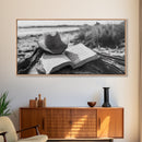Open Book, Cowboy Hat, Driftwood Beach, Peaceful Shore, Canvas Print, Western Boho Art, Reading Nook Wall Decor, Fall Vibes, Office Wall Decor