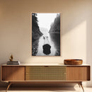 Driftwood Log, River Pass, Nature Silence, Misty Gorge, Framed Canvas Print, Office Wall Art, Modern Nature Decor, Moody Forest Style