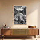 Mountain Lake Log, Alpine Serenity Scene, Tranquil Rock Shore, Canvas Print, Bedroom Wall Art, Nature Retreat, Minimalist Landscape