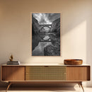 Stone Bridge, Reflections, River Archway, Nature Drama, Framed Canvas Print, Landscape Wall Art, Monochrome Photography, Entryway Art