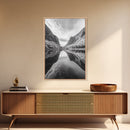 Fjord Reflection, Mountain Valley Calm, Mirror Lake, Canvas Print, Hallway Wall Art, Scandinavian Style Art, Black and White Minimalist