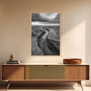 Winding Stream, Grassy Dunes, Ocean Horizon, Canvas Print, Kitchen Wall Art, Black and White Nature Scene, Coastal Rustic Decor
