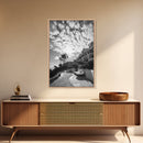 Mediterranean Villa, Palm Tree Art, Coastal Pathway, Framed Canvas Print, Living Room Decor, Summer Wall Art, Black and White Photography