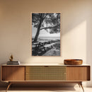 Seaside Bench, Peaceful Escape, Shaded Picnic, Canvas Print, nature photography, coastal wall art, relaxing ocean decor, Minimalist Decor