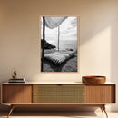 Seaside Nap, Minimal Daybed, Coastal Shade, Serene Moment, Canvas Print, Beach Bedroom Decor, Boho Seaside Art, Coastal Wall Style