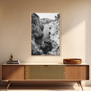 Mountain Gorge, Rugged Canyon, Flowing Stream, Wilderness Explorer, Framed Canvas Print, Cabin Wall Art, Adventurous Rustic Style