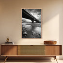 Stormy Bridge, River Rocks, Dramatic Sky, Modern Landscape, Framed Canvas Print, Moody Photography, Office Wall Art, Minimalist Decor