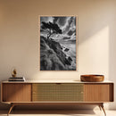 Coastal Pines, Rocky Shore, Windswept Tree, Wild Ocean Framed Canvas Print, rustic cabin art, black and white beach wall decor