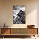 Mountain Peak, Coastal Horizon, Nature Majesty, Serene Edge Framed Canvas Print, modern landscape art, minimalist bedroom decor