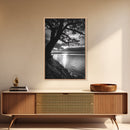 Tranquil Lake Sunset, Tree Silhouette, Calm Waters, Canvas Print, Nature Inspired Wall Art, Relaxing Bedroom Decor, Minimalist Zen