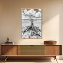 Half Underwater Tree, Split View Nature, Aquatic Roots, Stormy Skies, Framed Canvas Print, Coastal Wall Art, Unique Nature Photography