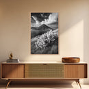 Majestic Volcano, Wild Grass, Black and White, Framed Canvas Print, Nature Photography, Office Decor, Moody Art, Rustic Wall Art
