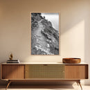 Rocky Cliff Trail, Coastal Hiking, Rugged Landscape, Nature Adventure Art, Framed Canvas Print, Cabin Wall Decor, Black and White Aesthetic