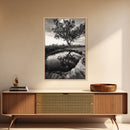 Tree Reflection, Still Water, Peaceful Nature, Framed Canvas Print, Tranquil Wall Art, Rustic Bedroom Decor, Black and White Photography