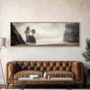 Foggy Beach, Coastal Pines, Ocean Cliffside, Nature Escape, Framed Canvas Print, Moody Wall Art, Living Room Decor, Pacific Northwest Style