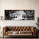 Sea Cave View, Coastal Rock Art, Monochrome Seascape, Framed Canvas Print, Bathroom Wall Art, Nature Photography, Moody Ocean Decor