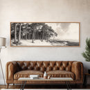 Pine Forest Coast, Tranquil Wilderness, Shoreline Trees, Earthy Coastal Scene, Framed Canvas Print, Rustic Wall Art, Autumn Cabin Decor