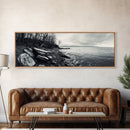 Misty Coast, Rocky Shore, Moody Seascape, Framed Canvas Print, Coastal Wall Art, Nature Photography, Rustic Bedroom Decor, Cabin Style