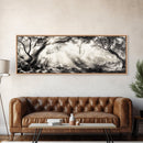 Enchanted Forest, Sunlight Rays, Dreamy Woodland, Framed Canvas Print, boho nature decor, spiritual wall art, bedroom forest scene