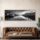 Fishing Dock, Quiet Marina, Waterside Village, Canvas Print, Nautical Wall Art, Lake House Decor, Black and White Photography