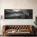 Stormy Beach, Weathered Sign, Moody Ocean, Black and White Photography, Framed Canvas Print, Coastal Gothic Wall Art, Autumn Decor