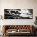 Windswept Pines, Stormy Sea, Moody Coastal Scene, Framed Canvas Print, Rustic Nature Decor, Bedroom Wall Art, Autumn Vibes