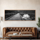 Water Lily, Peaceful Pond, Wooden Dock, Framed Canvas Print, Zen Wall Art, Meditation Room Decor, Black and White Nature Art