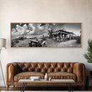 Beachside Bar Scene, Rustic Cafe, Ocean Picnic, Cloudy Sky, Framed Canvas Print, Coastal Kitchen Wall Art, Boho Bar Decor