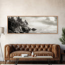 Windy Pines, Rocky Shoreline, Ocean Wilderness, Canvas Print, Vintage Nature Photography, Hallway Wall Art, Outdoor Adventure Vibe