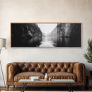 Misty Canyon, River Passage, Tranquil Adventure, Canvas Print, Nature Escape Wall Art, Zen Office Decor, Moody Black and White Style
