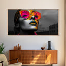 Pop Art, Sunglasses, Neon, Bold and vibrant pop art woman in neon shades on Framed Canvas Print, modern Teen Room Wall Art, Stylish Decor