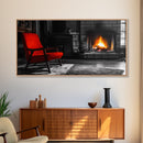 Fireplace, Red Chair, Cozy firelight and bold red accent chair on this Framed Canvas Print, Cozy Fall Living Room Art, Cabin Decor Accent