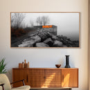 Fog Wall, Concrete Graffiti, Misty Lake Path, Framed Canvas Print, Urban Nature Blend, Moody Art, Hallway Decor, Modern Grayscale Style