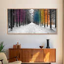 Snowy Pines, Rainbow Forest, Winter Walkway, Colorful Trees, Canvas Print, Whimsical Art, Nursery Wall Art, Minimalist Nature Style