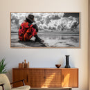Island Dreaming, Beach Vibes, Serene Reflection, Cultural Portrait, Framed Canvas Print, Living Room Wall Art, Peaceful Coastal Scene