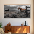 Rustic Horse, Country Fence, Western Scene, Moody Skies – Framed Canvas Print, Farmhouse Wall Art, Autumn Decor, Cabin Living, Cowboy Vibe