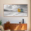 Yellow Cabin, Frozen Lake, Snowy Escape, Winter Minimalism – Framed Canvas Print, Scandinavian Wall Art, Cozy Living Room, Nordic Style